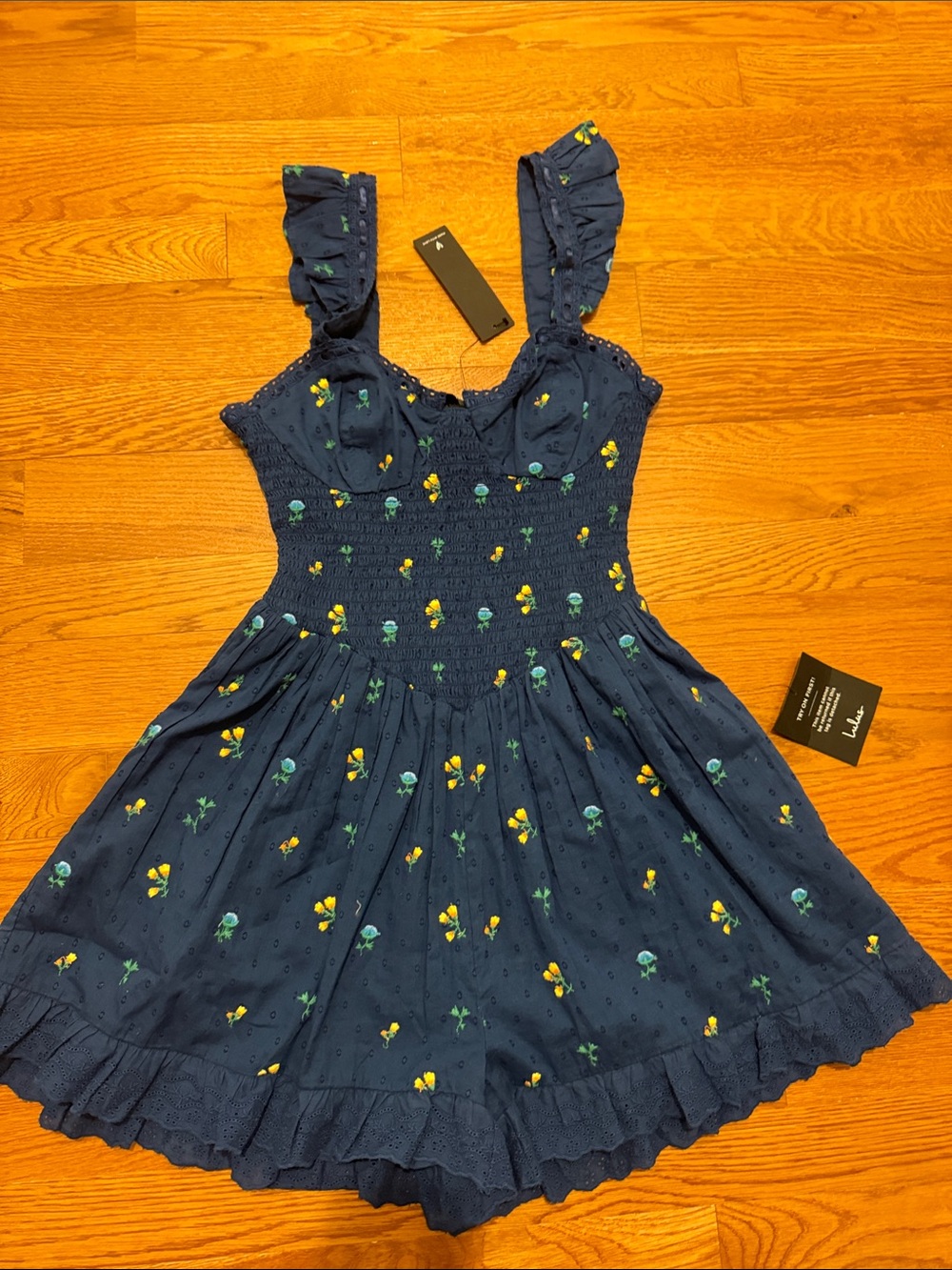 Lulus - Navy Floral Romper with Ruffled Straps